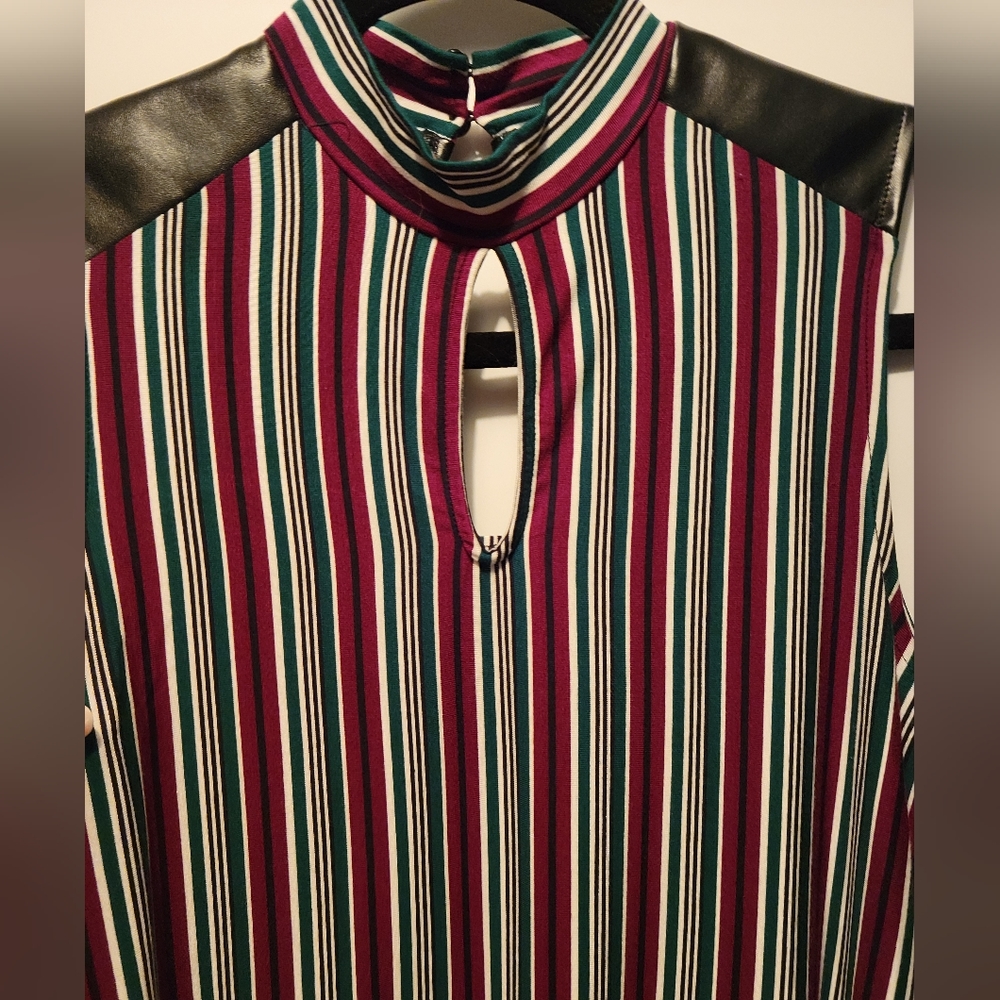 5/30$ NWOT Striped high neck faux leather accent top